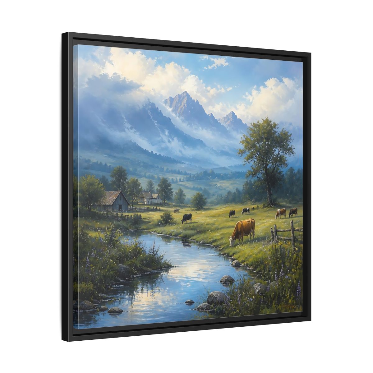 Side Mockup 31. Nature Cows Pastoral Farm Scene shown as stretched canvas wall art