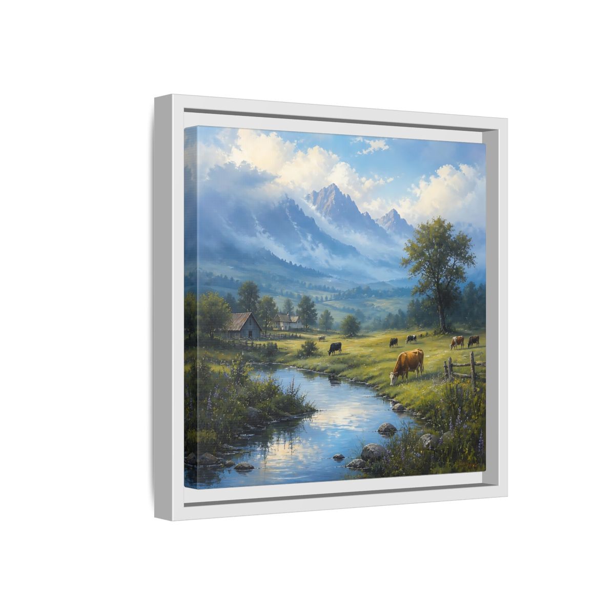 Side Mockup 16. Nature Cows Pastoral Farm Scene shown as stretched canvas wall art