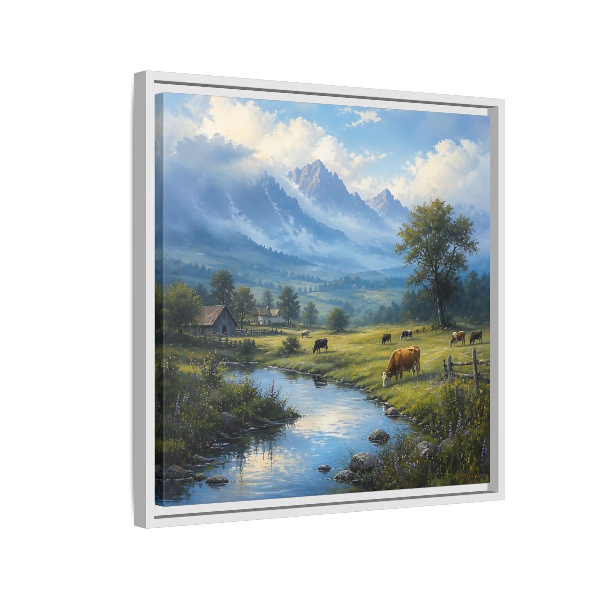Side Mockup 10. Nature Cows Pastoral Farm Scene shown as stretched canvas wall art