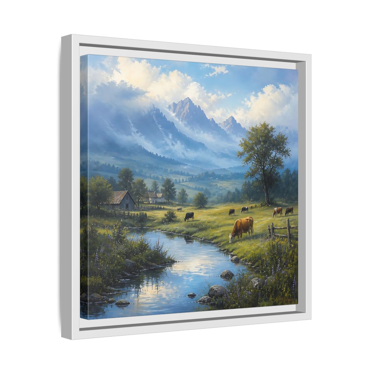 Side Mockup 28. Nature Cows Pastoral Farm Scene shown as stretched canvas wall art