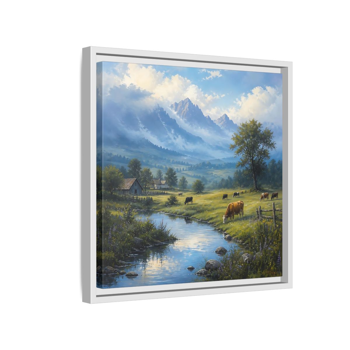 Side Mockup 13. Nature Cows Pastoral Farm Scene shown as stretched canvas wall art