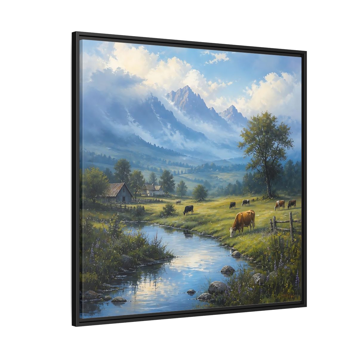 Side Mockup 6. Nature Cows Pastoral Farm Scene shown as stretched canvas wall art
