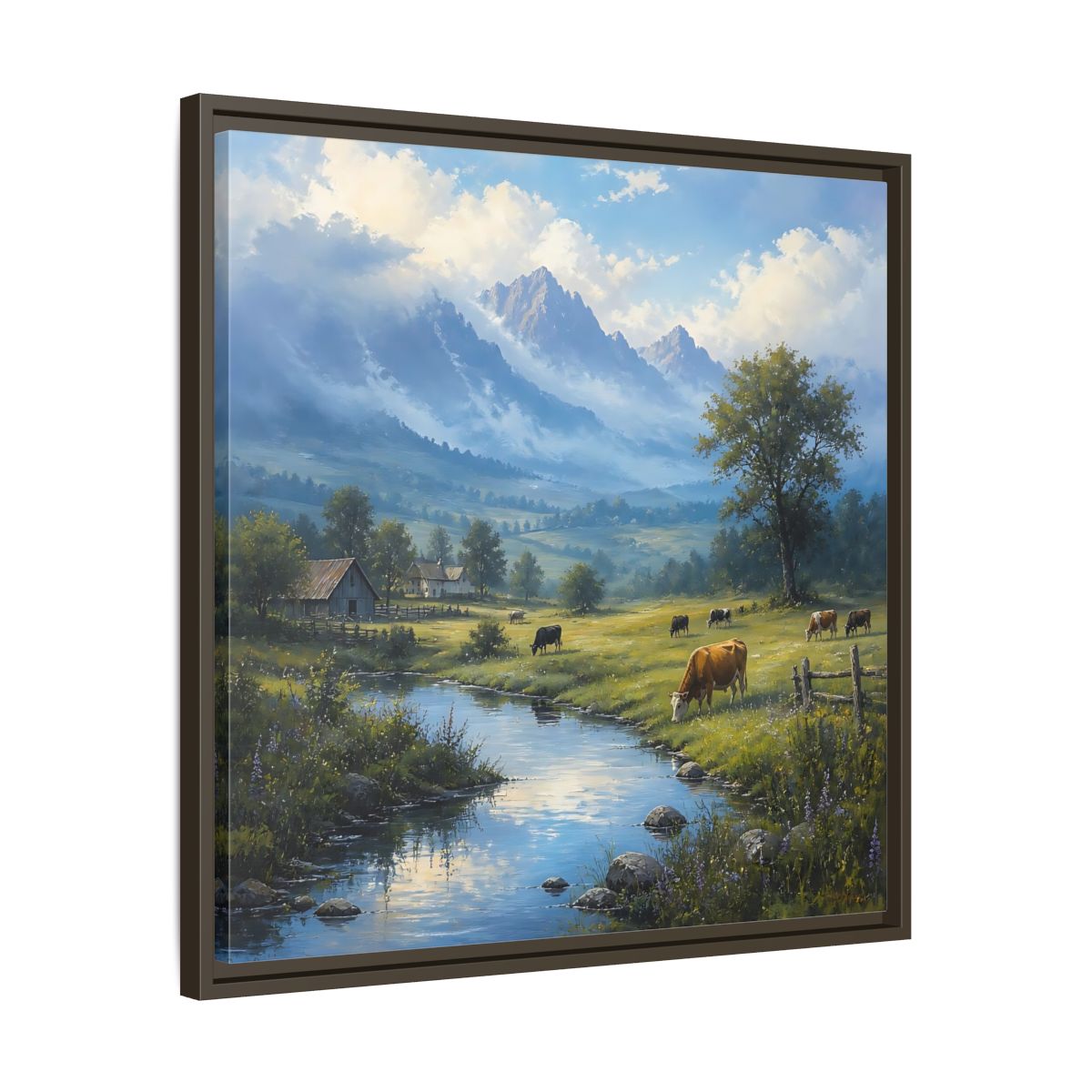 Side Mockup 27. Nature Cows Pastoral Farm Scene shown as stretched canvas wall art
