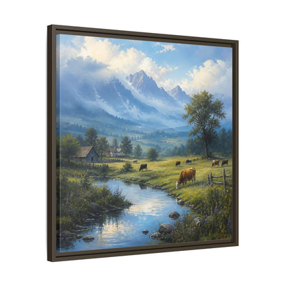 Side Mockup 27. Nature Cows Pastoral Farm Scene shown as stretched canvas wall art