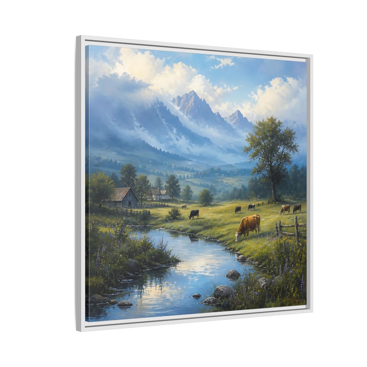 Side Mockup 7. Nature Cows Pastoral Farm Scene shown as stretched canvas wall art