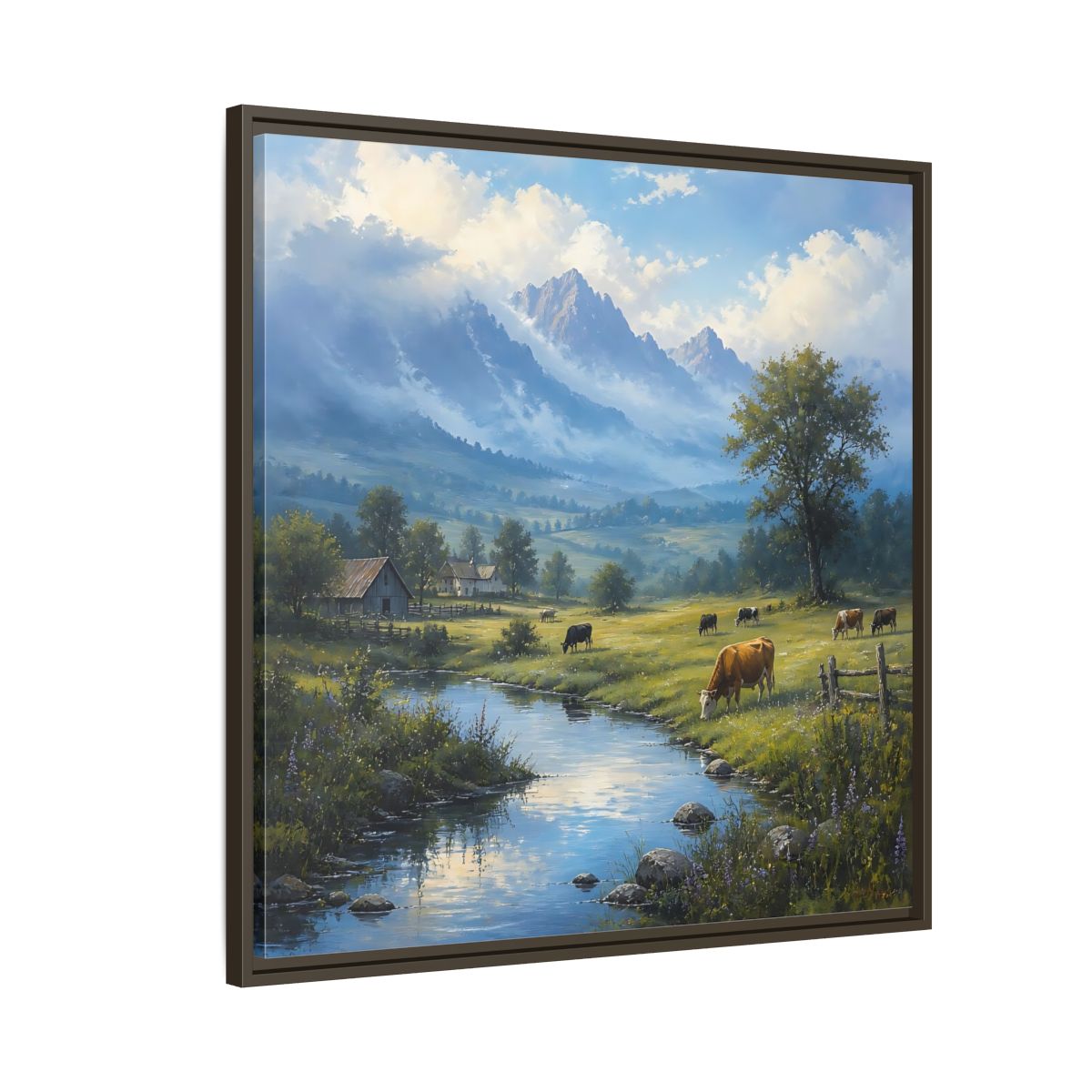 Side Mockup 8. Nature Cows Pastoral Farm Scene shown as stretched canvas wall art