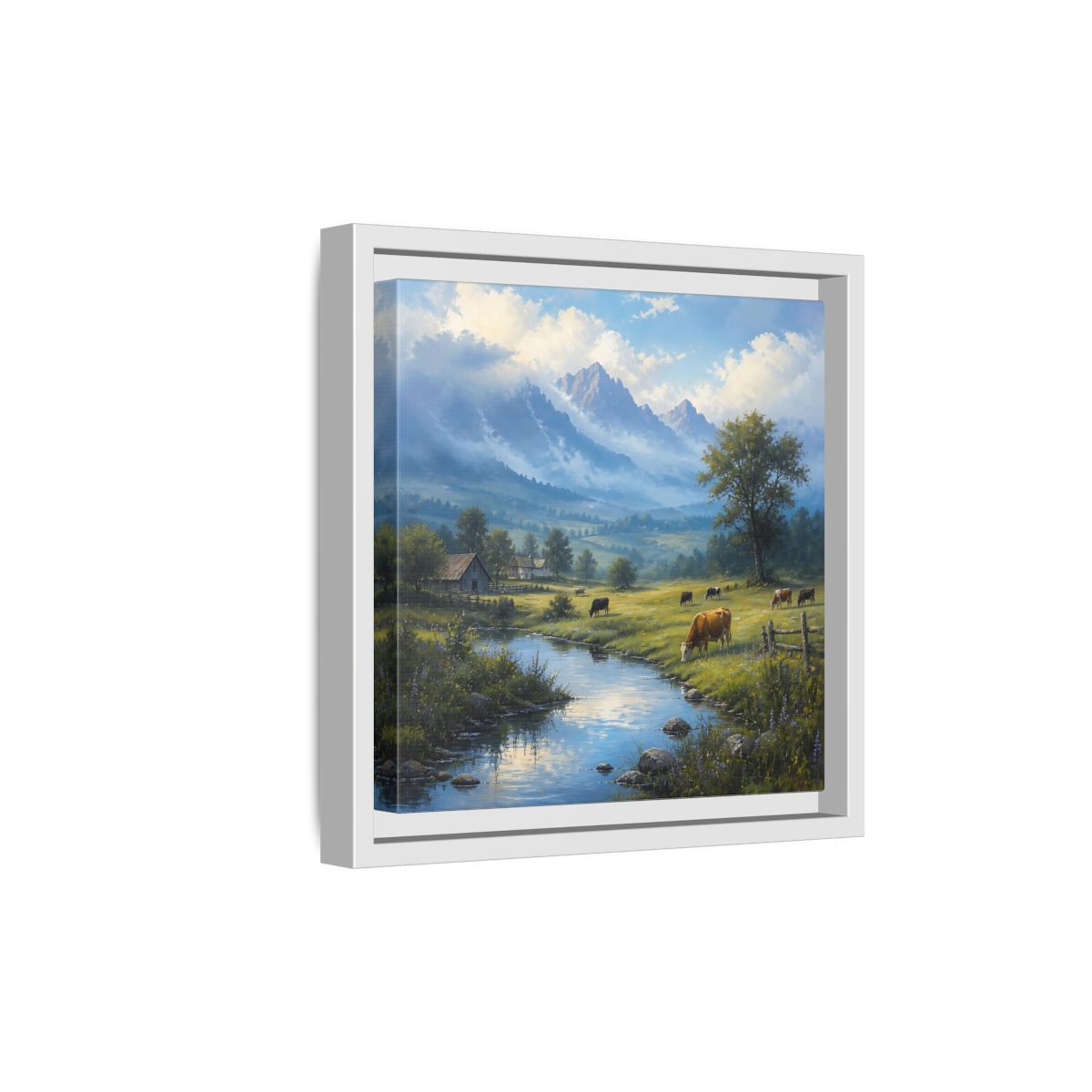 Side Mockup 19. Nature Cows Pastoral Farm Scene shown as stretched canvas wall art