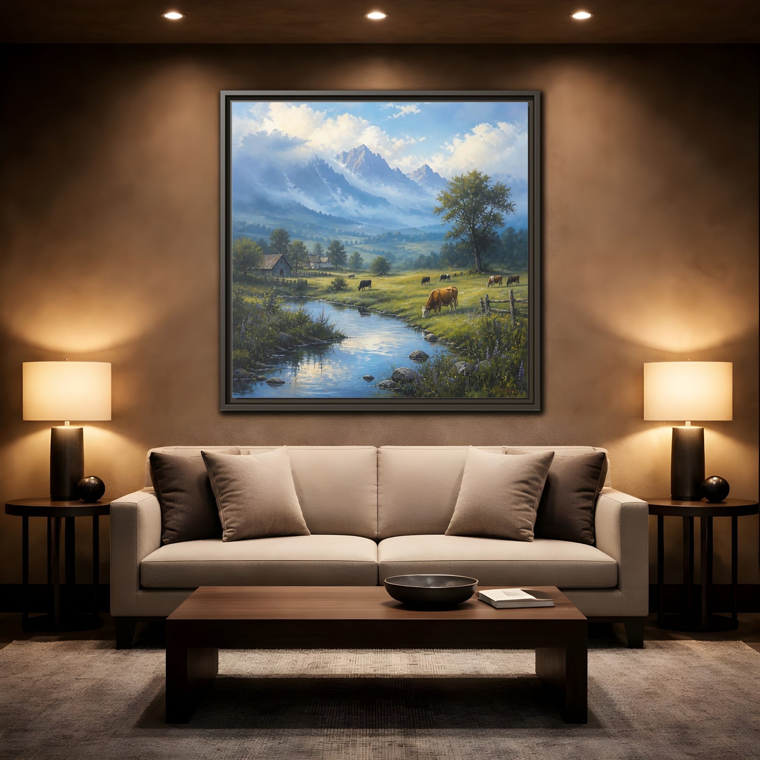 Mockup 2. Nature Cows Pastoral Farm Scene shown as stretched canvas wall art