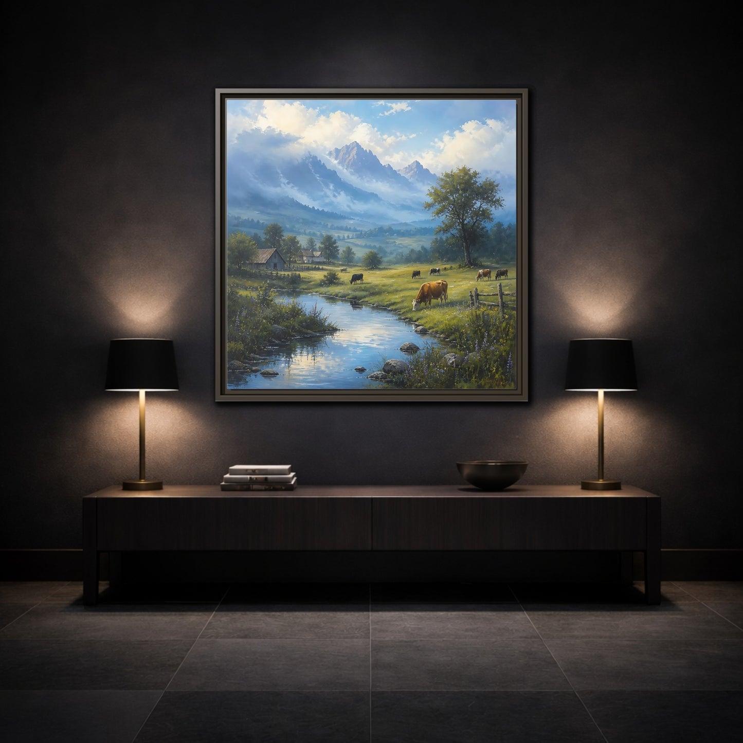 Mockup 3. Nature Cows Pastoral Farm Scene shown as stretched canvas wall art