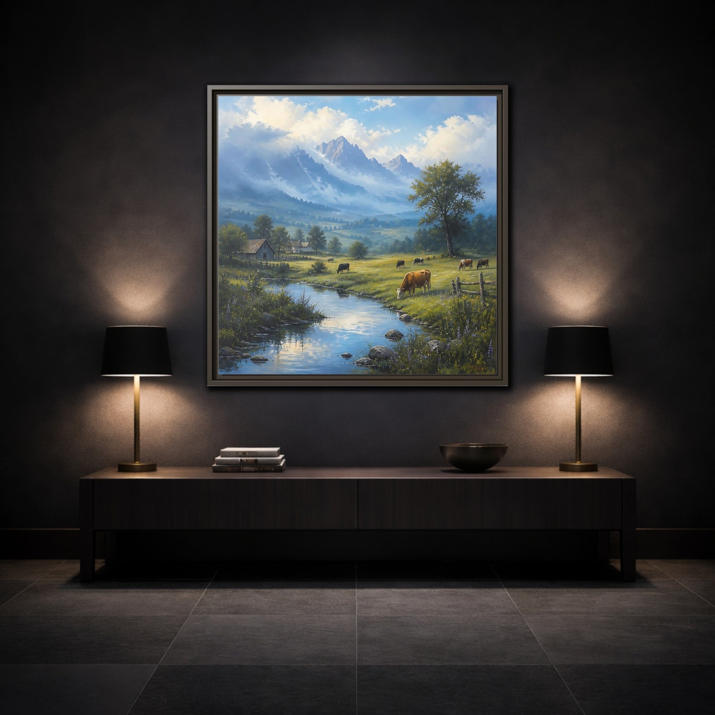 Mockup 3. Nature Cows Pastoral Farm Scene shown as stretched canvas wall art