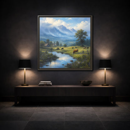 Mockup 3. Nature Cows Pastoral Farm Scene shown as stretched canvas wall art