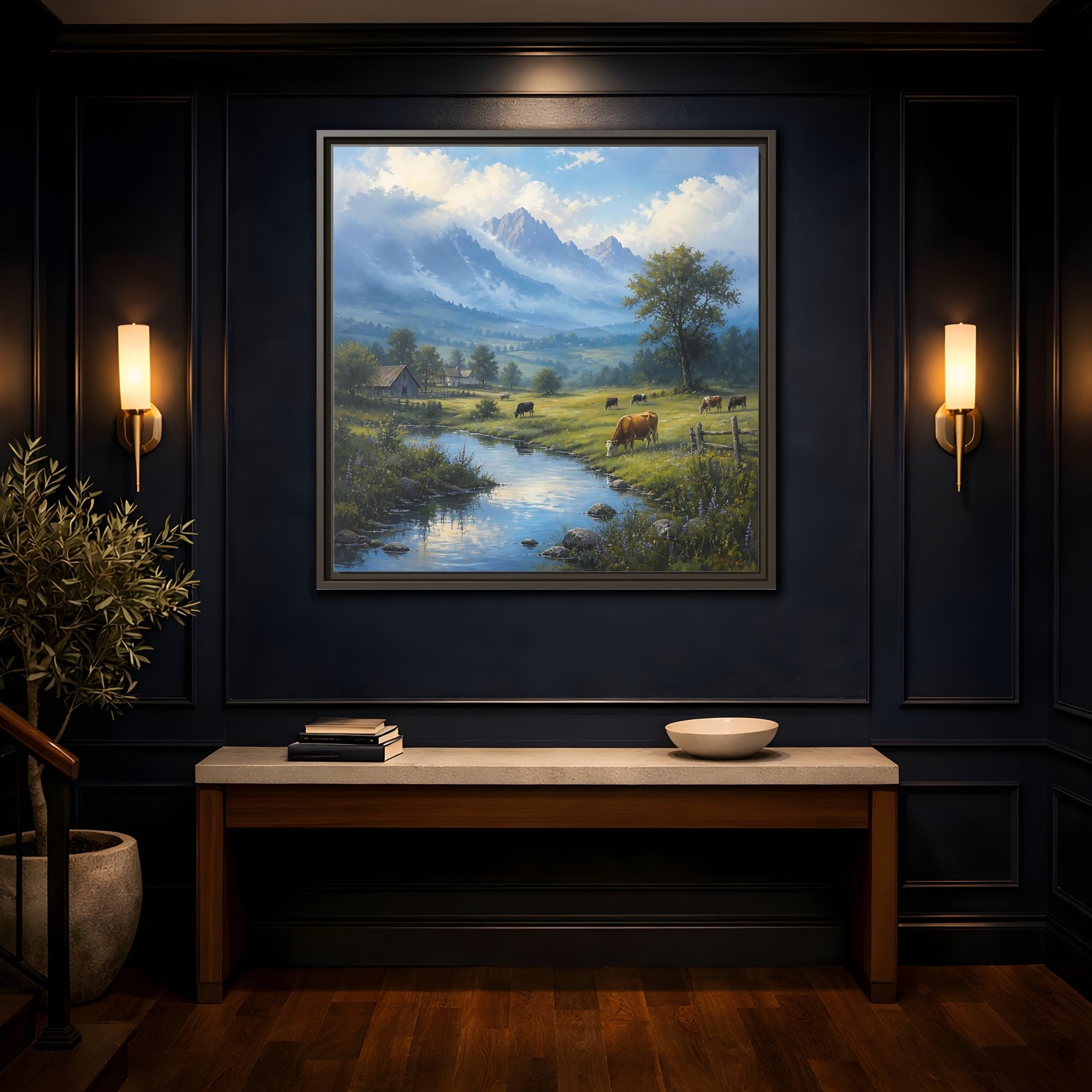 Mockup 4. Nature Cows Pastoral Farm Scene shown as stretched canvas wall art