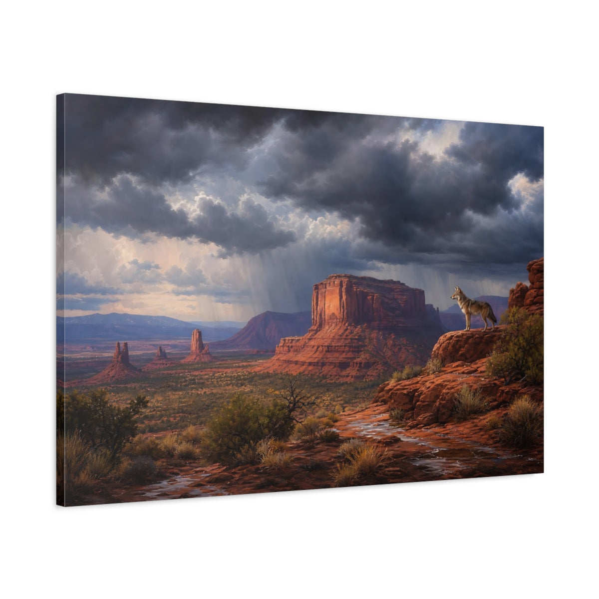 Main Mockup. Nature Coyote Desert Storm shown as stretched canvas wall art