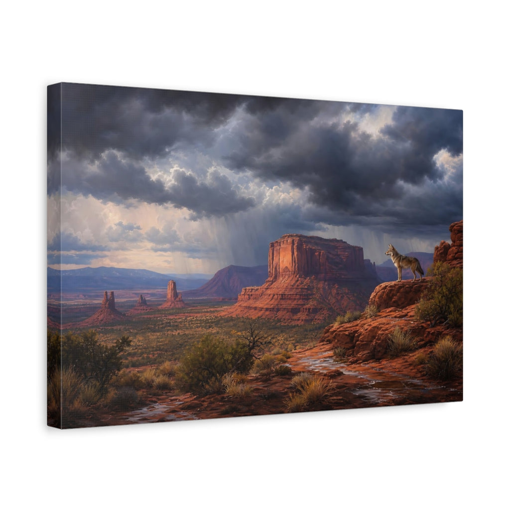 Side Mockup 4. Nature Coyote Desert Storm shown as stretched canvas wall art