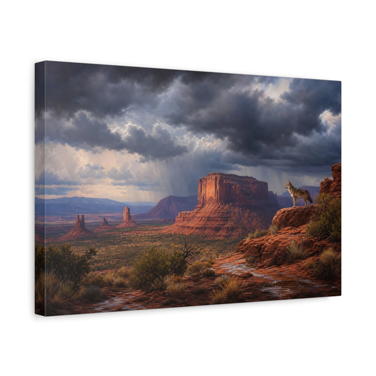Side Mockup 4. Nature Coyote Desert Storm shown as stretched canvas wall art