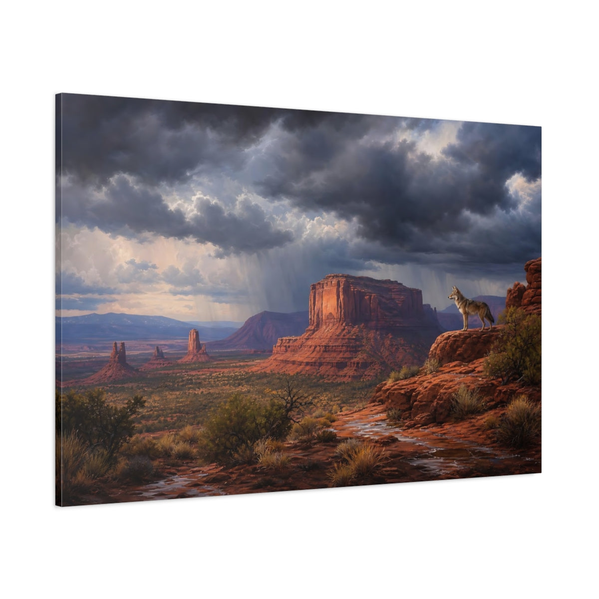 Side Mockup 1. Nature Coyote Desert Storm shown as stretched canvas wall art