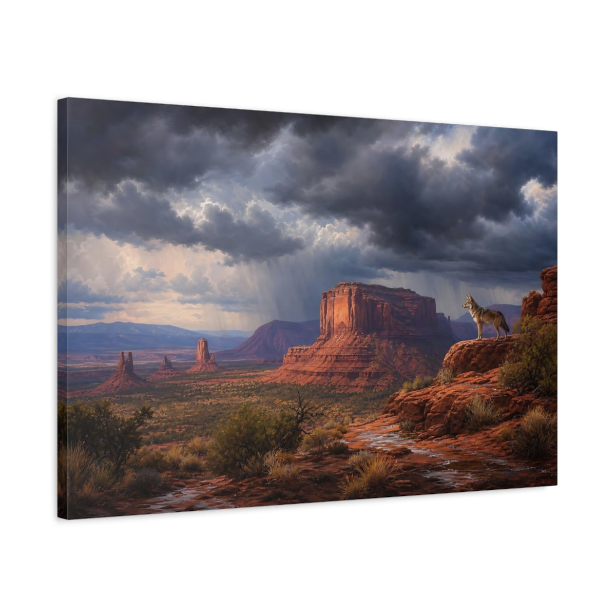 Side Mockup 2. Nature Coyote Desert Storm shown as stretched canvas wall art