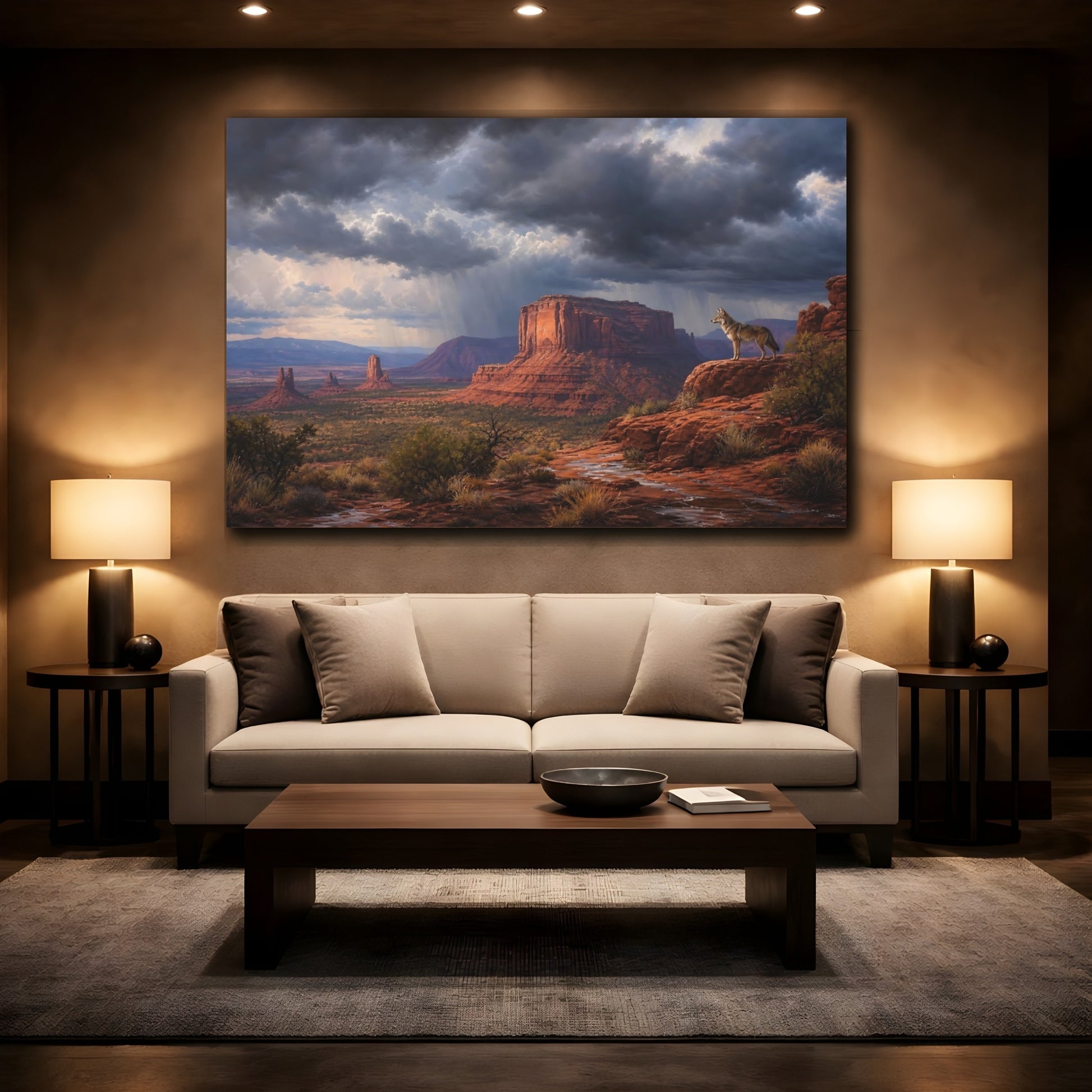 Mockup 2. Nature Coyote Desert Storm shown as stretched canvas wall art