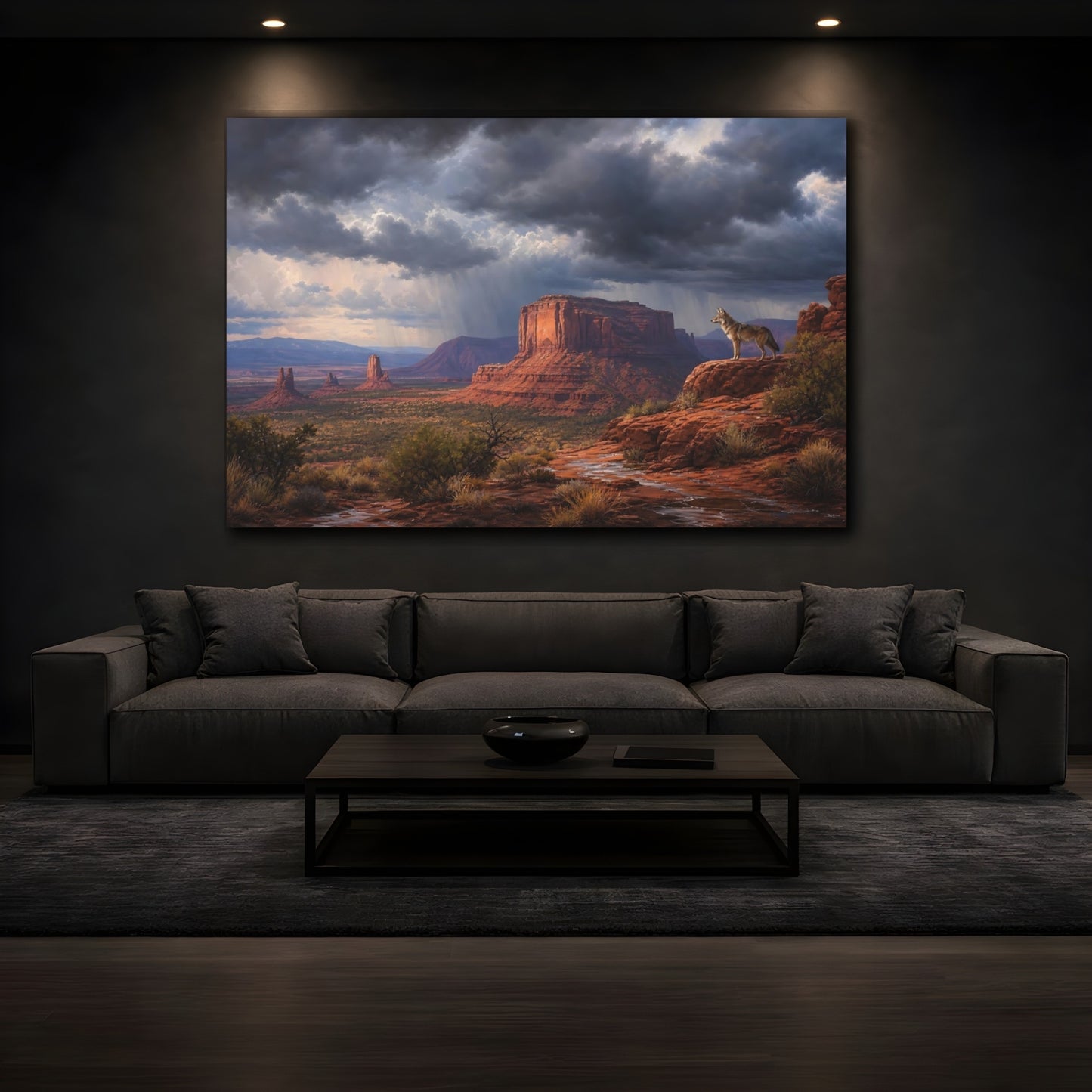 Mockup 3. Nature Coyote Desert Storm shown as stretched canvas wall art