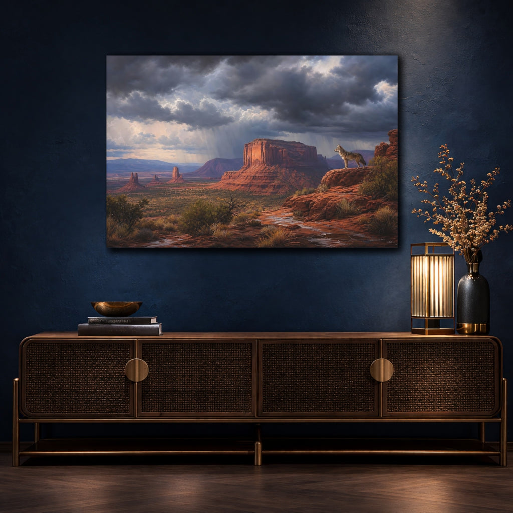 Mockup 4. Nature Coyote Desert Storm shown as stretched canvas wall art