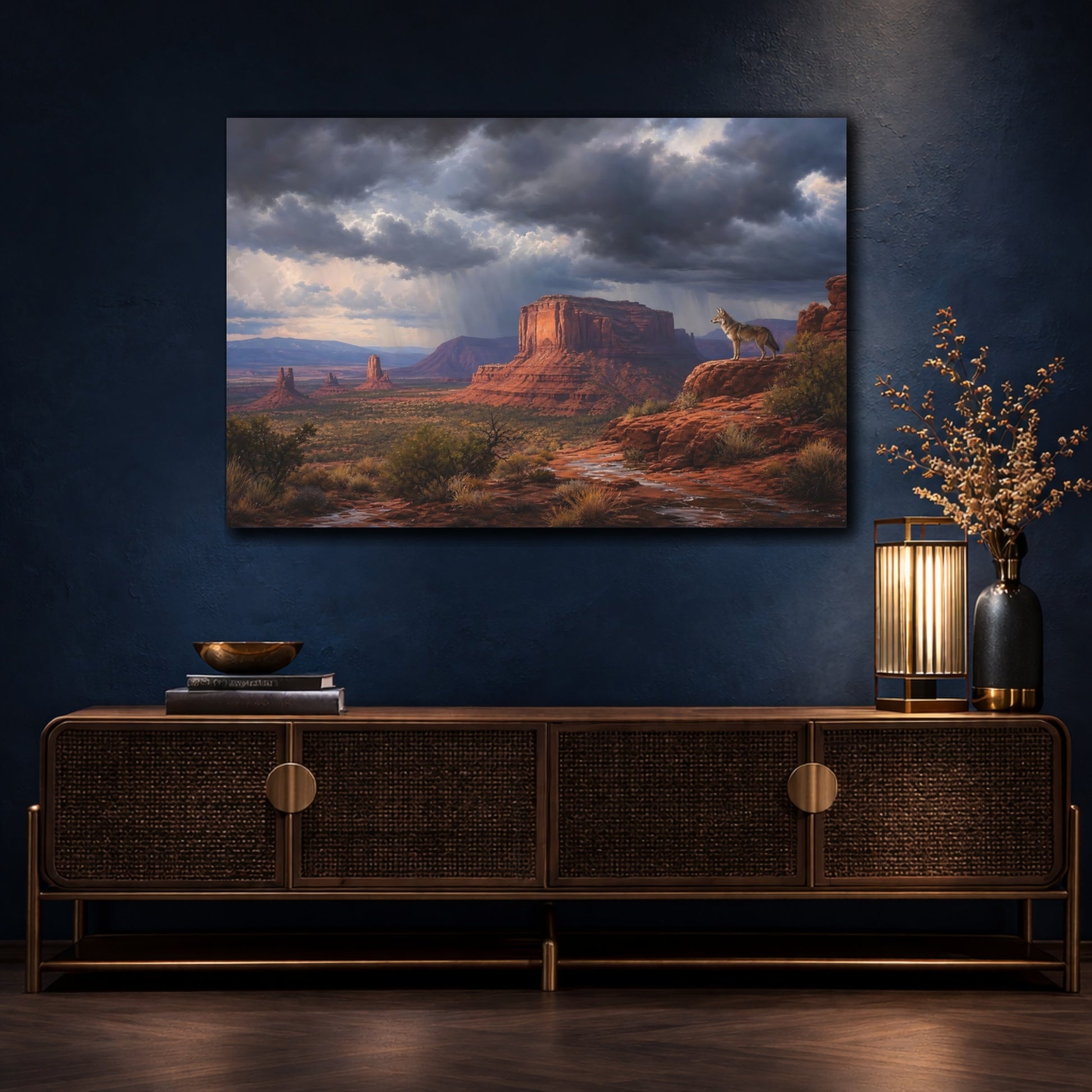 Mockup 4. Nature Coyote Desert Storm shown as stretched canvas wall art