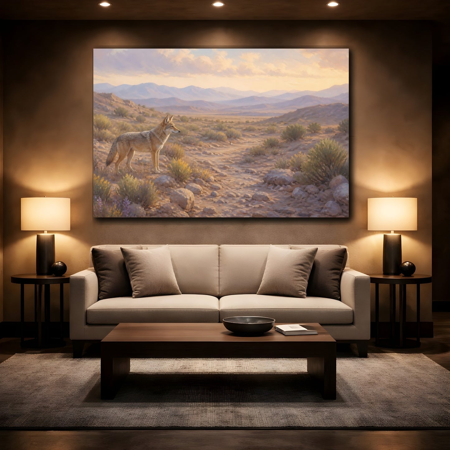 Mockup 2. Nature Coyote Desert Wildlife shown as stretched canvas wall art