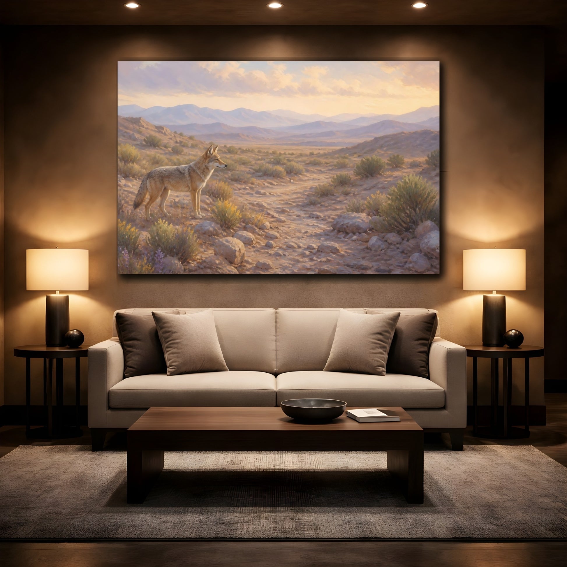 Mockup 2. Nature Coyote Desert Wildlife shown as stretched canvas wall art