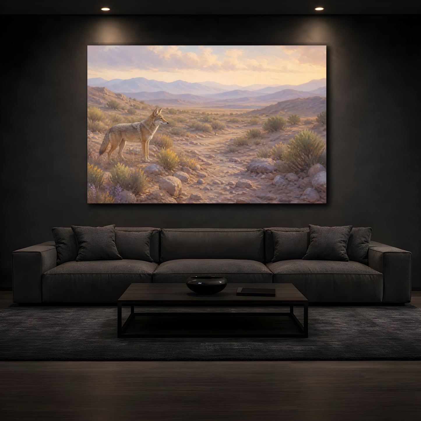 Mockup 3. Nature Coyote Desert Wildlife shown as stretched canvas wall art