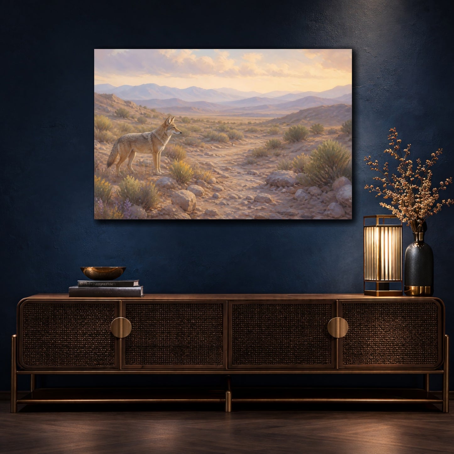 Mockup 4. Nature Coyote Desert Wildlife shown as stretched canvas wall art