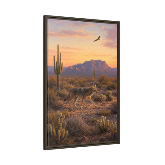 Main Mockup. Nature Coyote Desert Wildlife Sunset shown as stretched canvas wall art