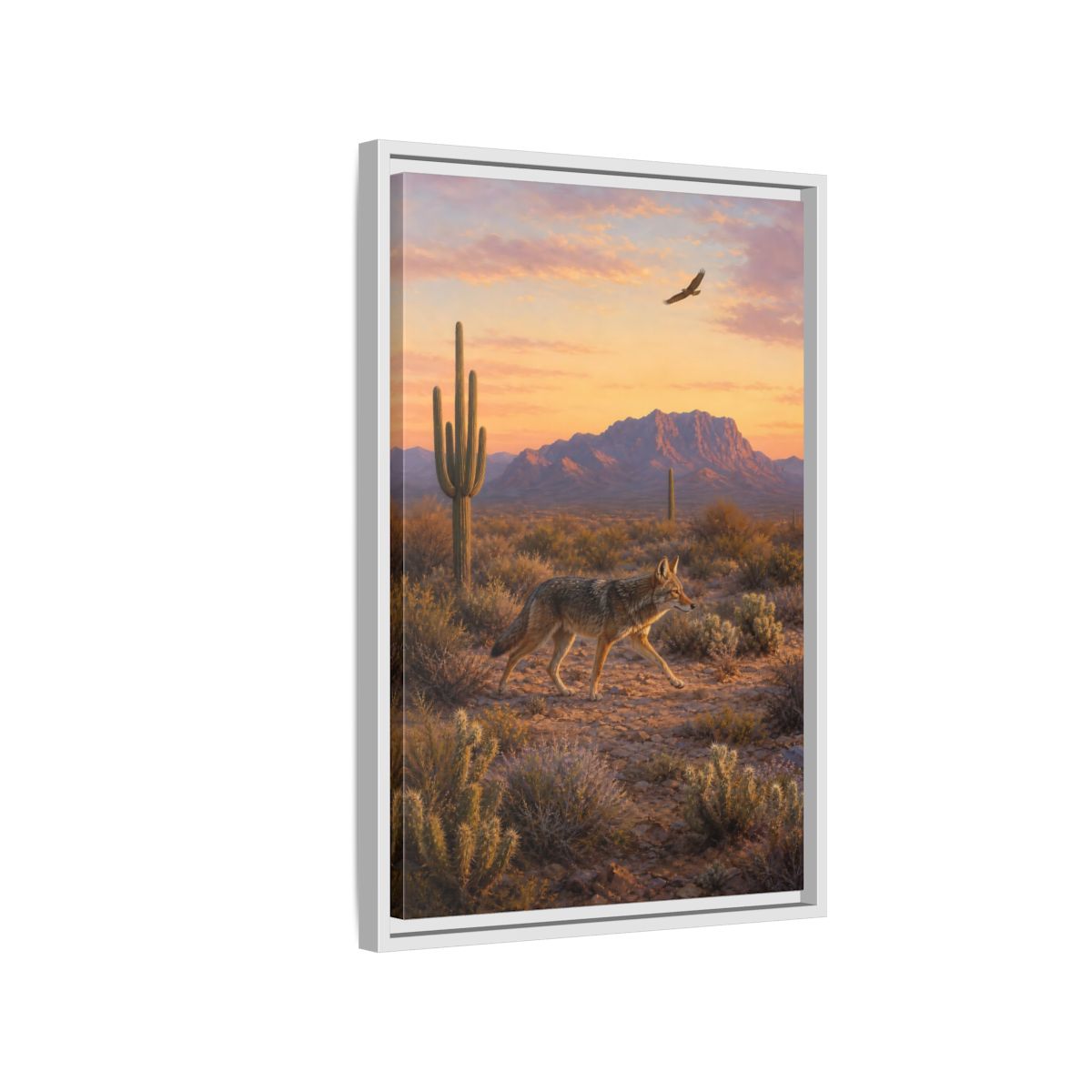Side Mockup 1. Nature Coyote Desert Wildlife Sunset shown as stretched canvas wall art
