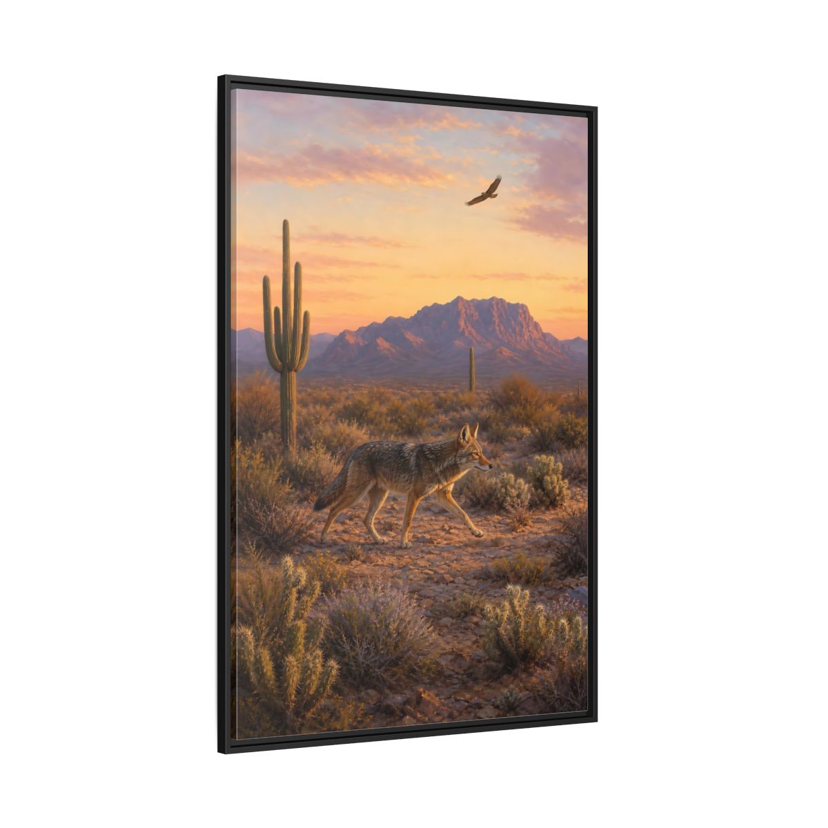 Side Mockup 12. Nature Coyote Desert Wildlife Sunset shown as stretched canvas wall art