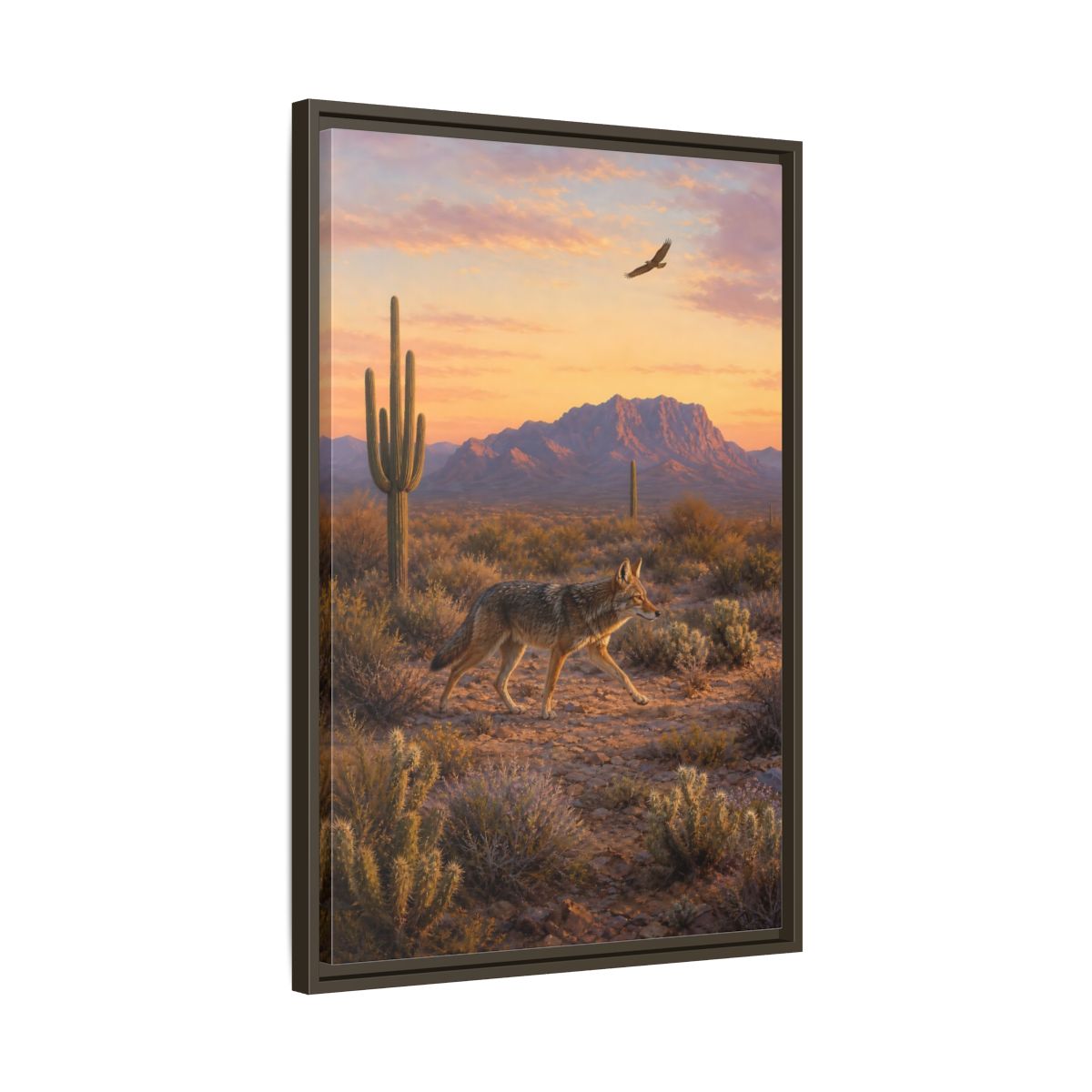 Side Mockup 11. Nature Coyote Desert Wildlife Sunset shown as stretched canvas wall art