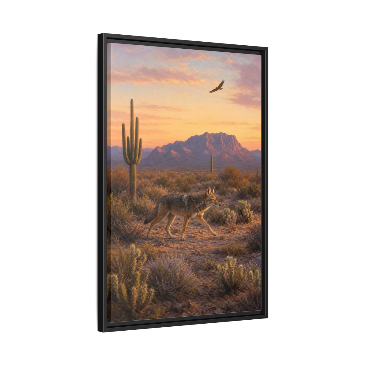 Side Mockup 14. Nature Coyote Desert Wildlife Sunset shown as stretched canvas wall art