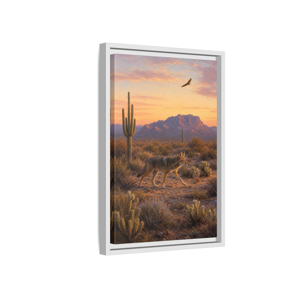Side Mockup 4. Nature Coyote Desert Wildlife Sunset shown as stretched canvas wall art