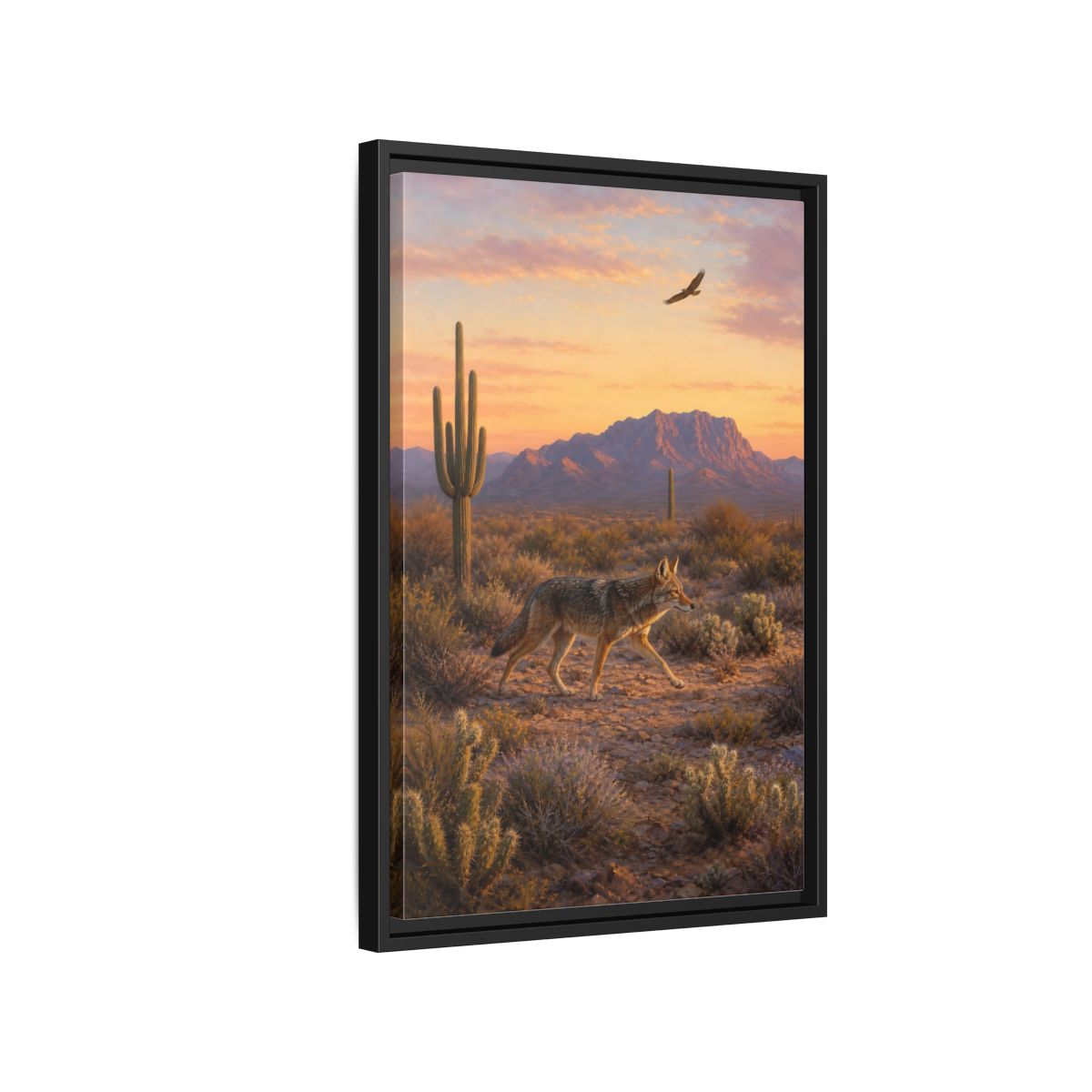 Side Mockup 3. Nature Coyote Desert Wildlife Sunset shown as stretched canvas wall art