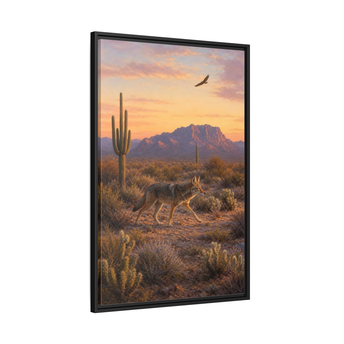 Side Mockup 13. Nature Coyote Desert Wildlife Sunset shown as stretched canvas wall art