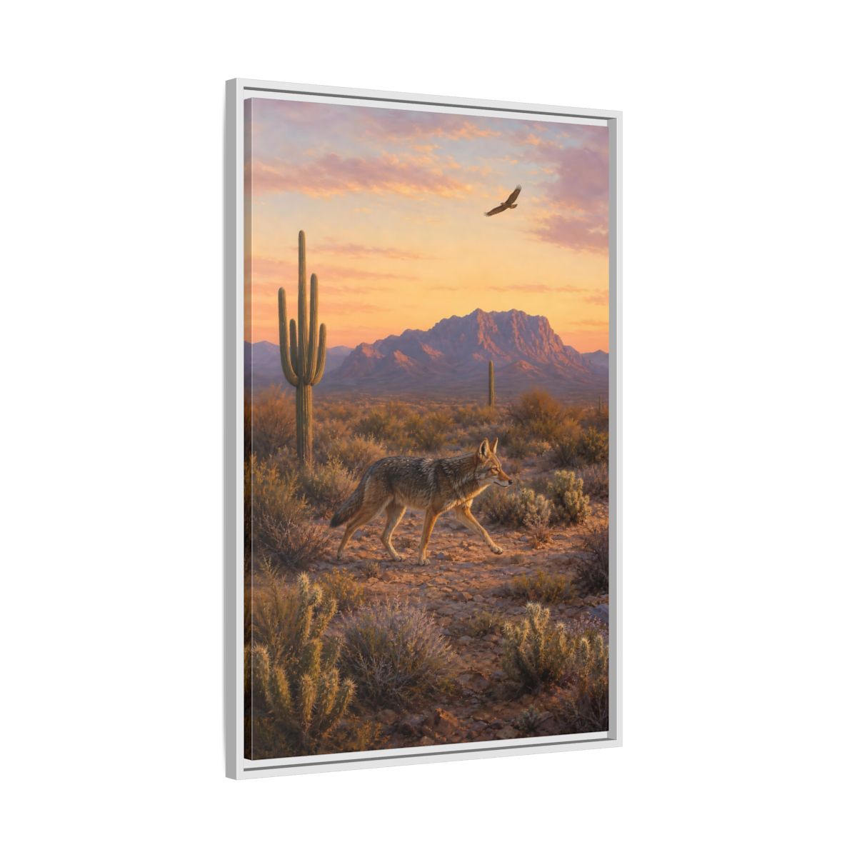 Side Mockup 9. Nature Coyote Desert Wildlife Sunset shown as stretched canvas wall art