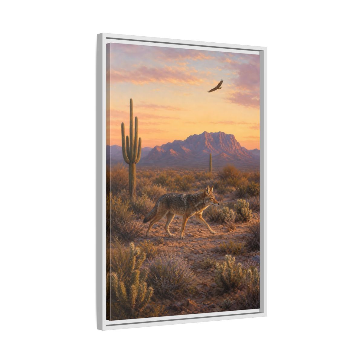 Side Mockup 10. Nature Coyote Desert Wildlife Sunset shown as stretched canvas wall art