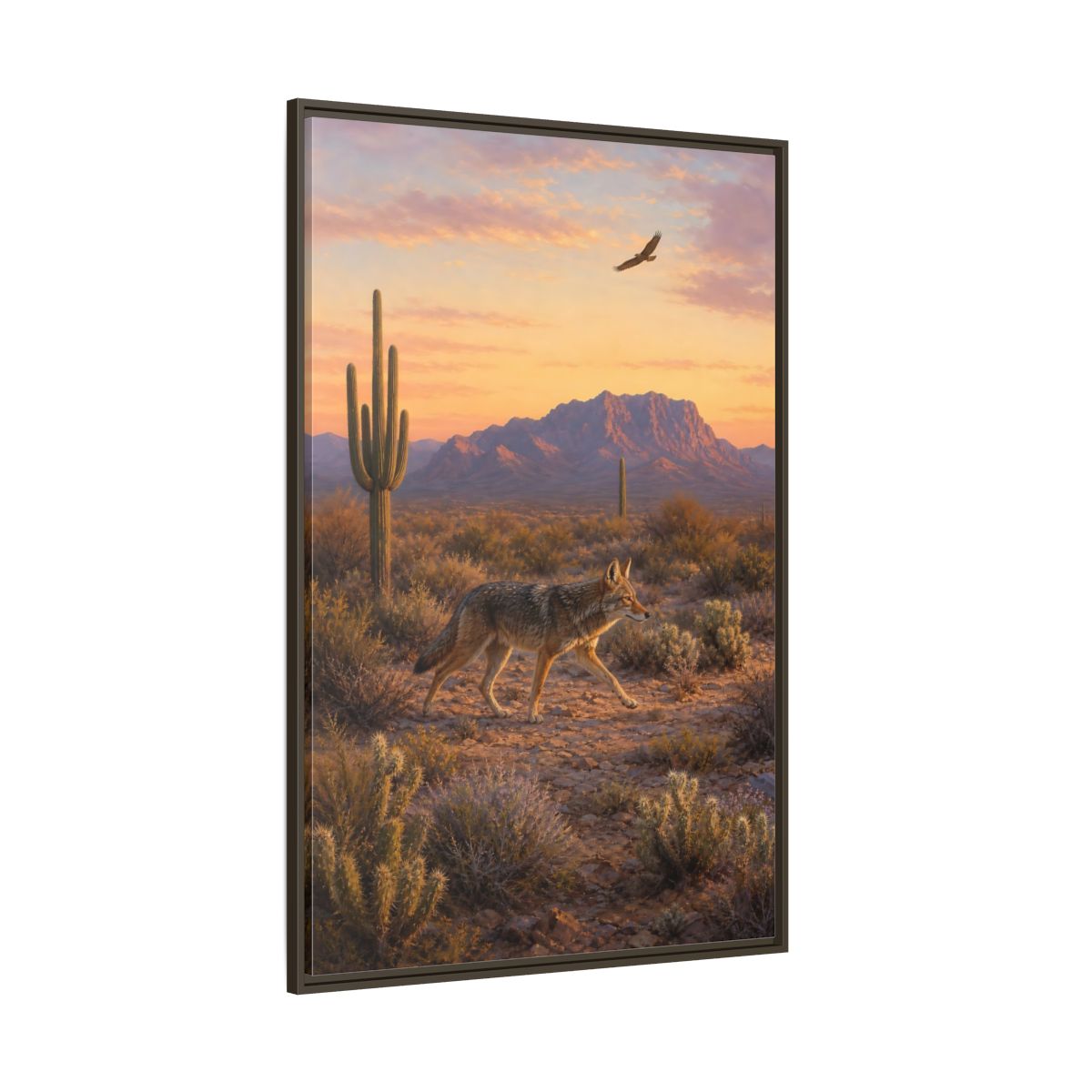 Side Mockup 8. Nature Coyote Desert Wildlife Sunset shown as stretched canvas wall art