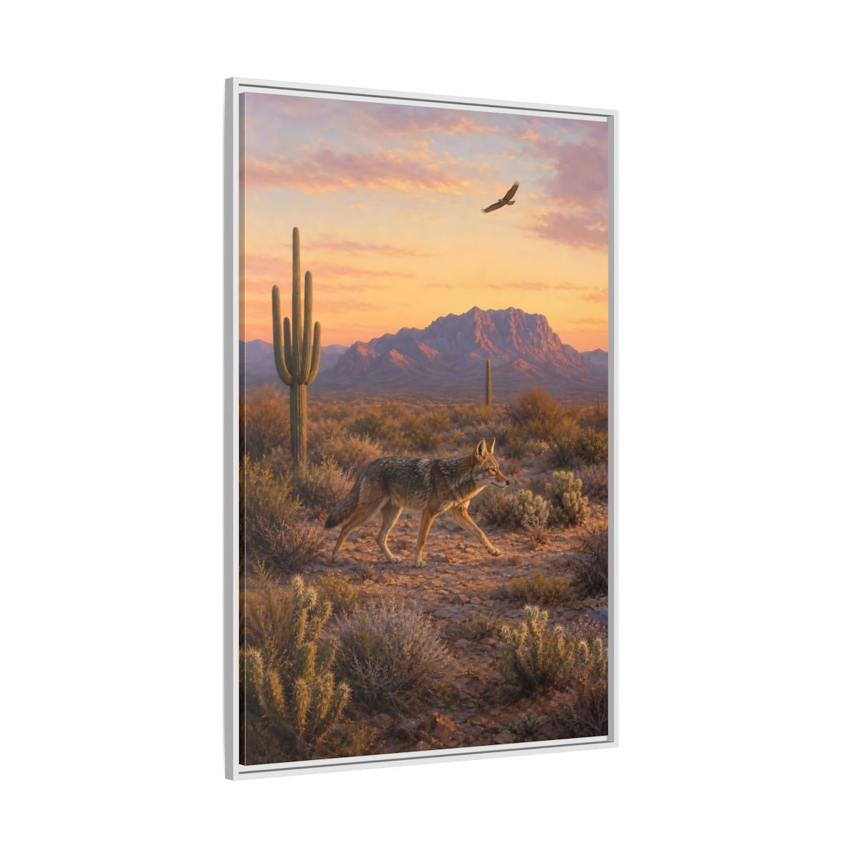 Side Mockup 7. Nature Coyote Desert Wildlife Sunset shown as stretched canvas wall art