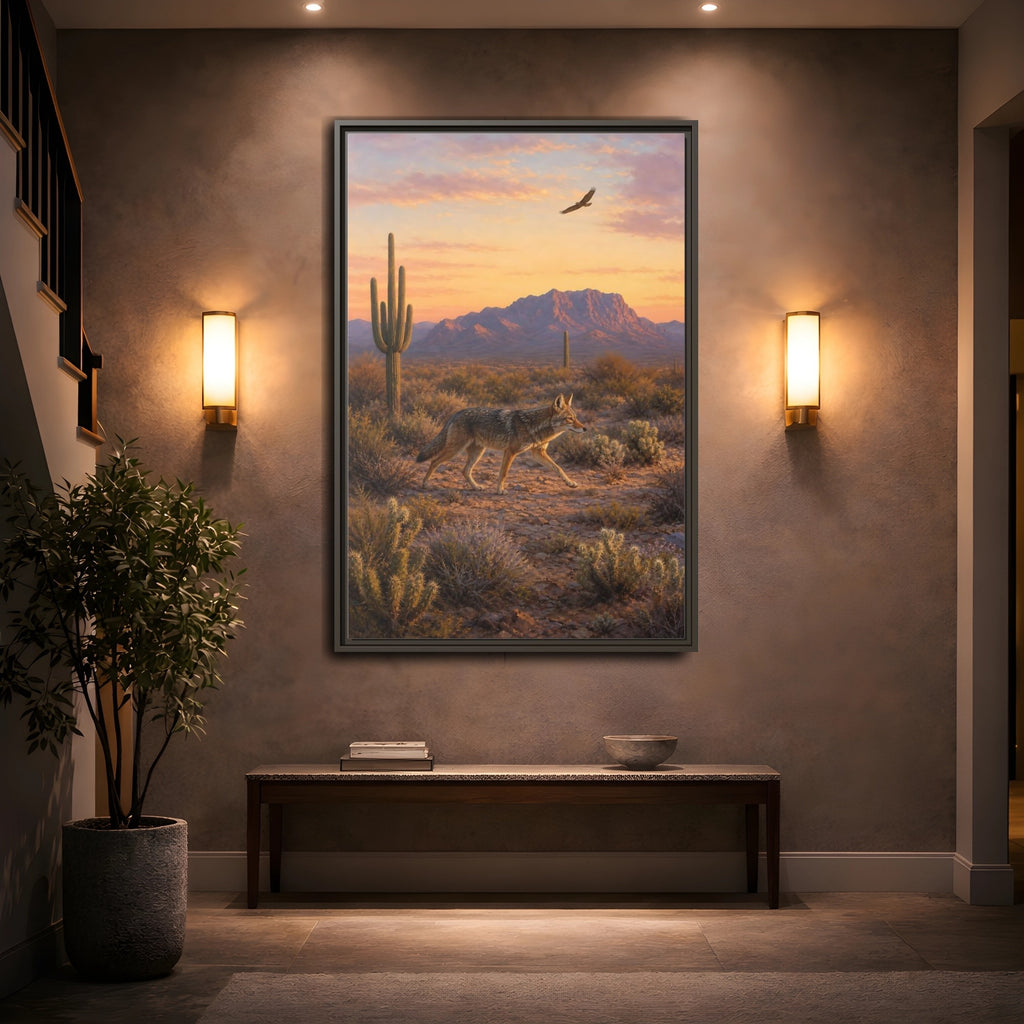 Mockup 2. Nature Coyote Desert Wildlife Sunset shown as stretched canvas wall art