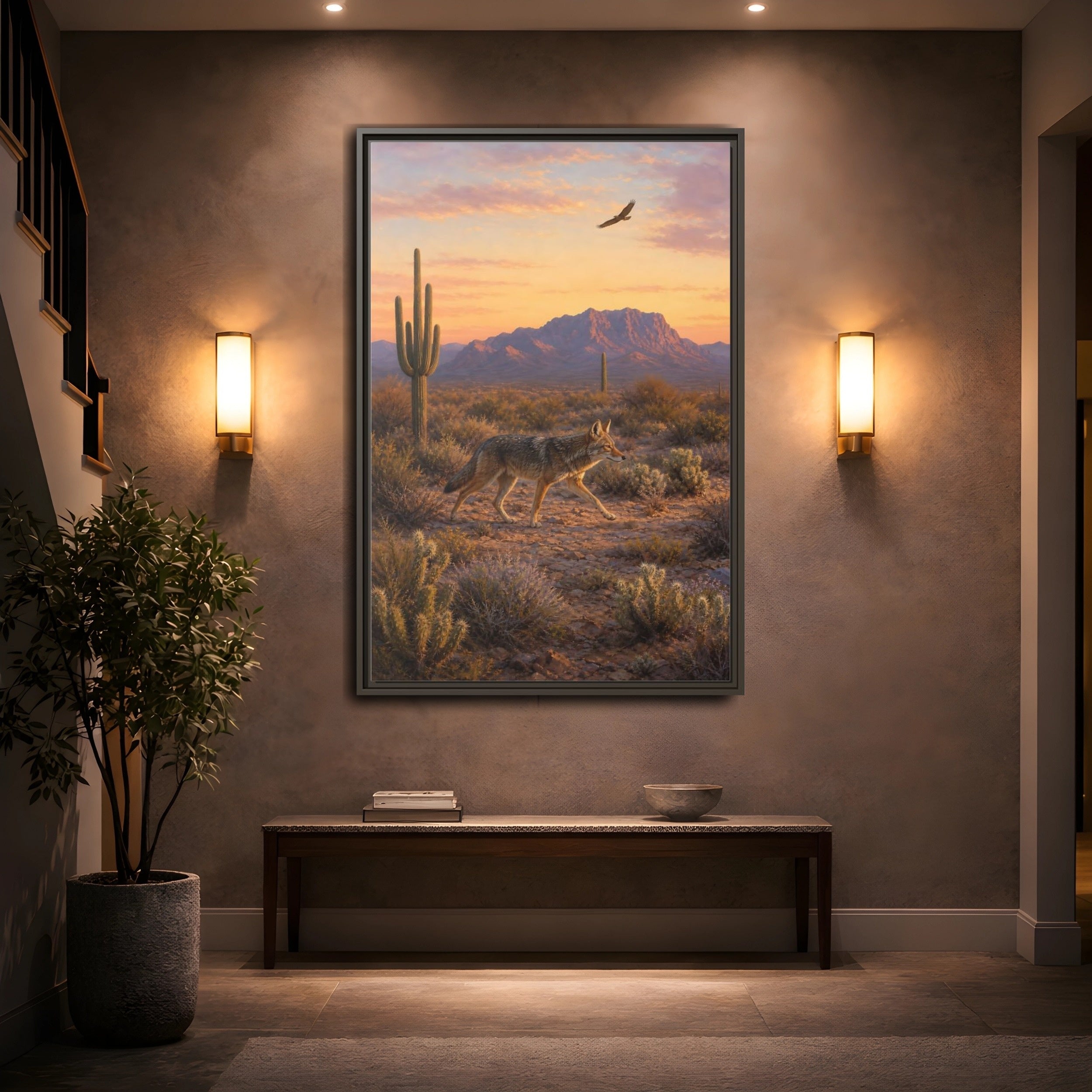 Mockup 2. Nature Coyote Desert Wildlife Sunset shown as stretched canvas wall art