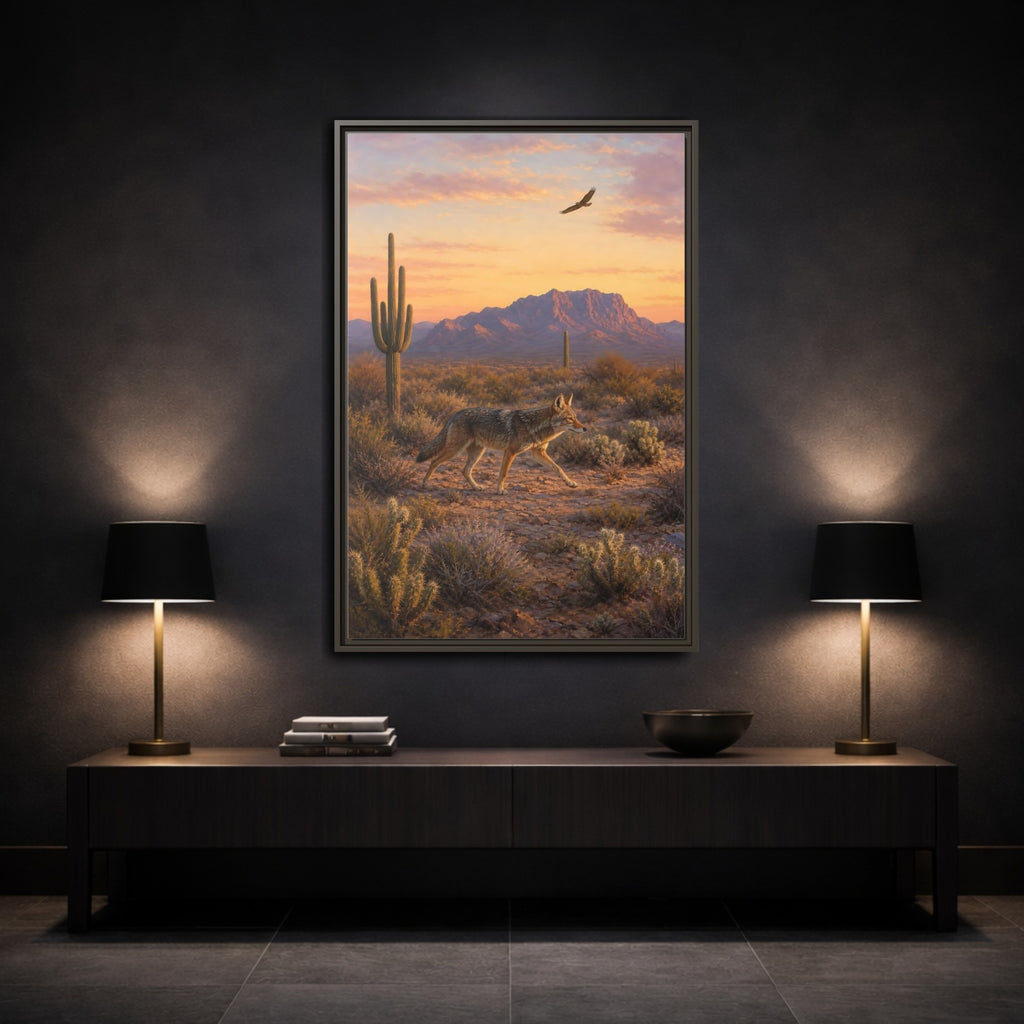 Mockup 3. Nature Coyote Desert Wildlife Sunset shown as stretched canvas wall art