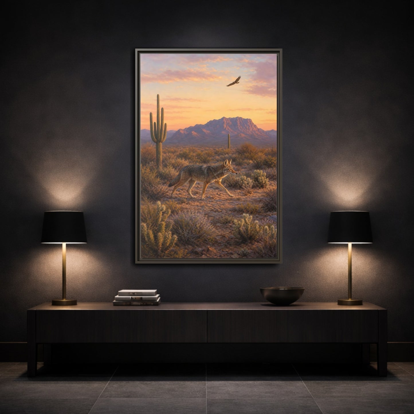 Mockup 3. Nature Coyote Desert Wildlife Sunset shown as stretched canvas wall art