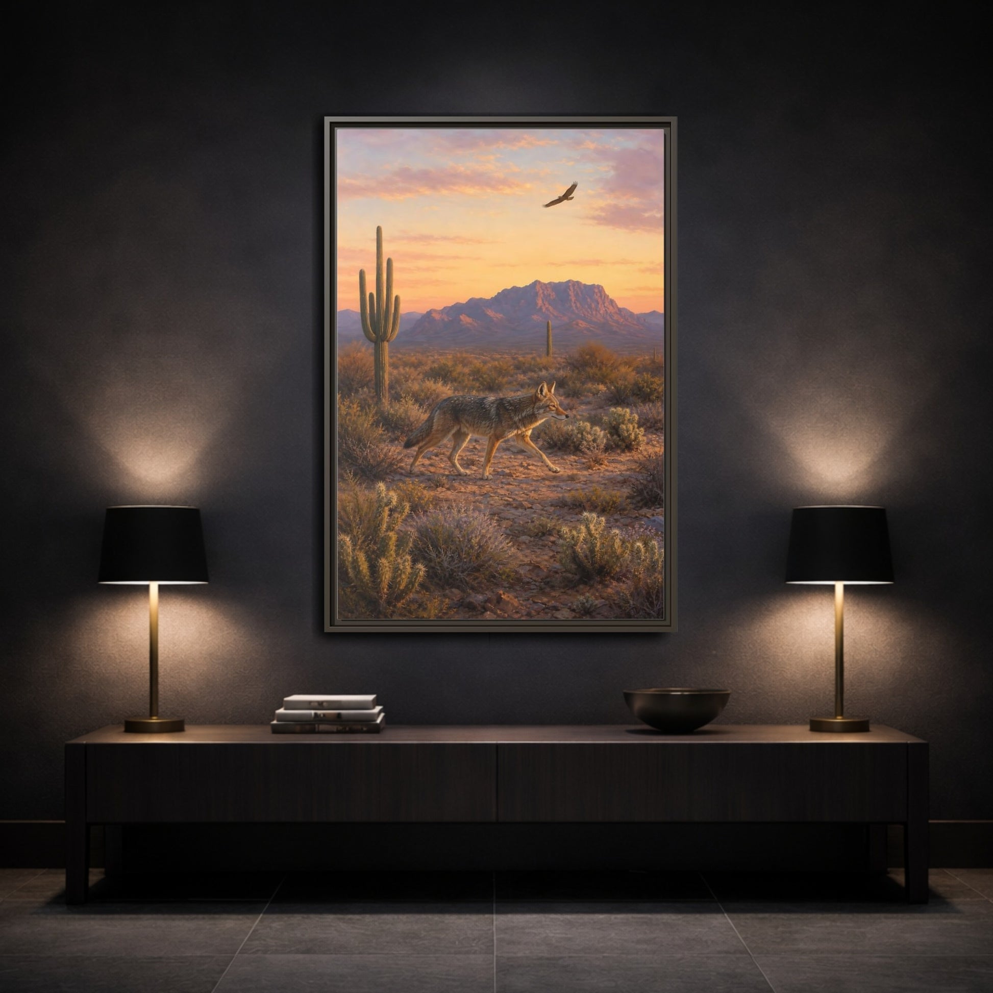 Mockup 3. Nature Coyote Desert Wildlife Sunset shown as stretched canvas wall art