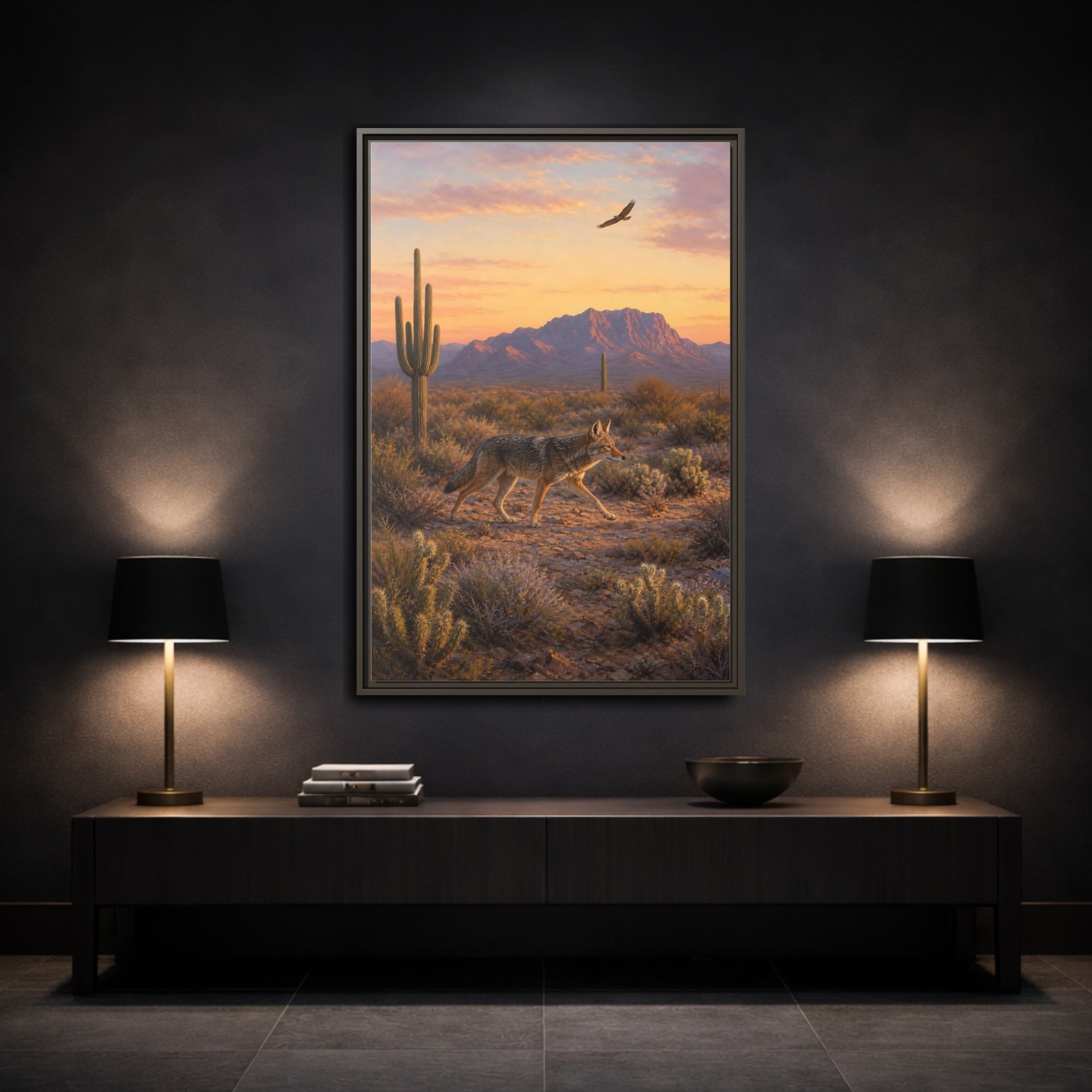 Mockup 3. Nature Coyote Desert Wildlife Sunset shown as stretched canvas wall art