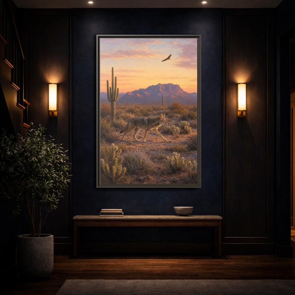 Mockup 4. Nature Coyote Desert Wildlife Sunset shown as stretched canvas wall art