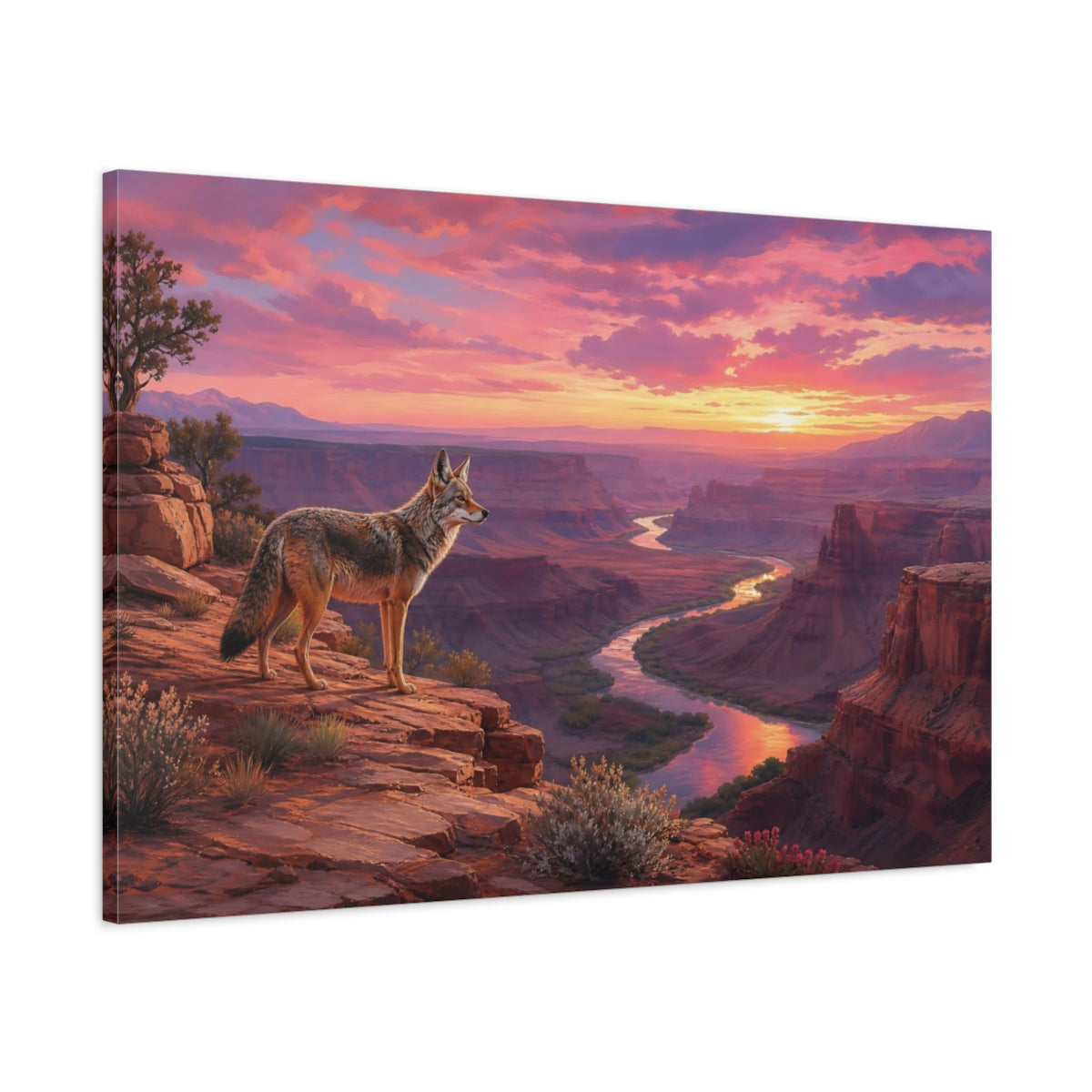 Main Mockup. Nature Coyote Pink Sunset Canyon shown as stretched canvas wall art