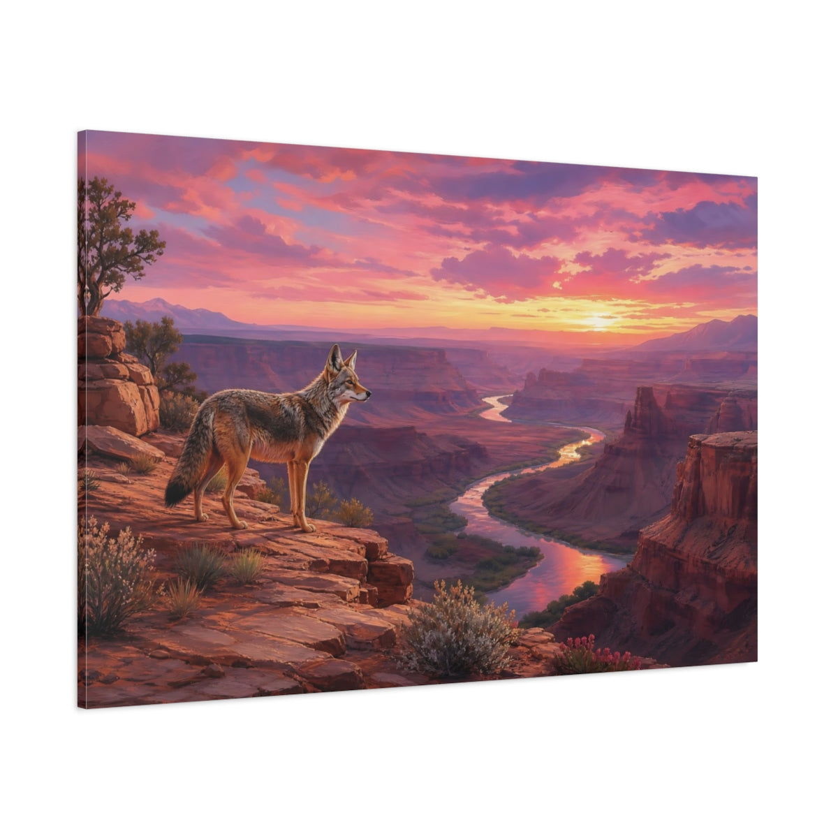 Side Mockup 1. Nature Coyote Pink Sunset Canyon shown as stretched canvas wall art